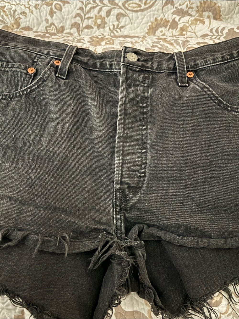 Levi's Black Washed Denim Ankle-Crop Shorts with Raw Hem